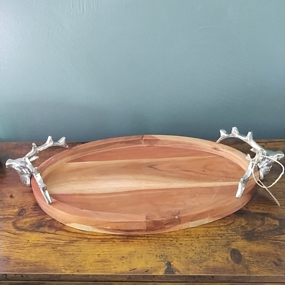 Pewter Stag Deer Wooden Serving Cheese Charcuterie Tray/Platter + Knife- India - Picture 2 of 13